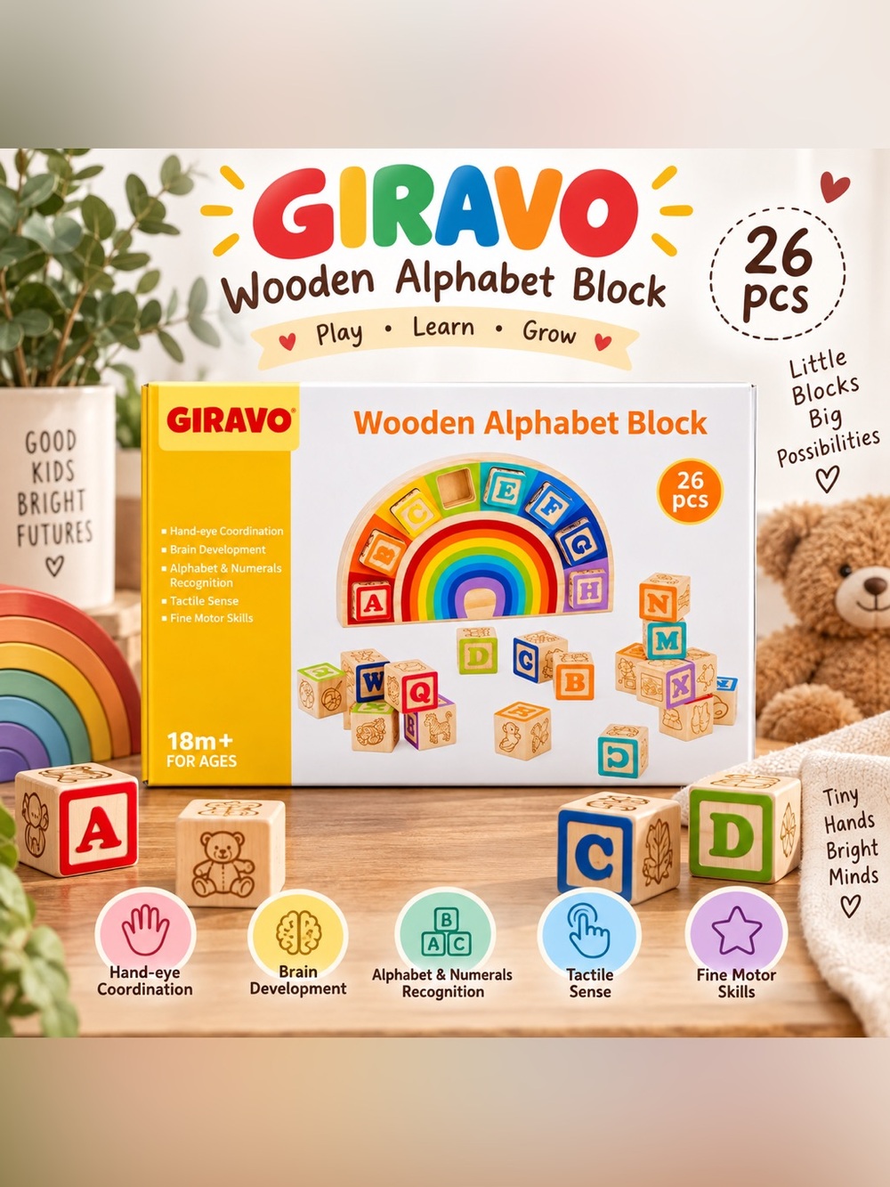 Giravo Rainbow Wooden Alphabet Blocks